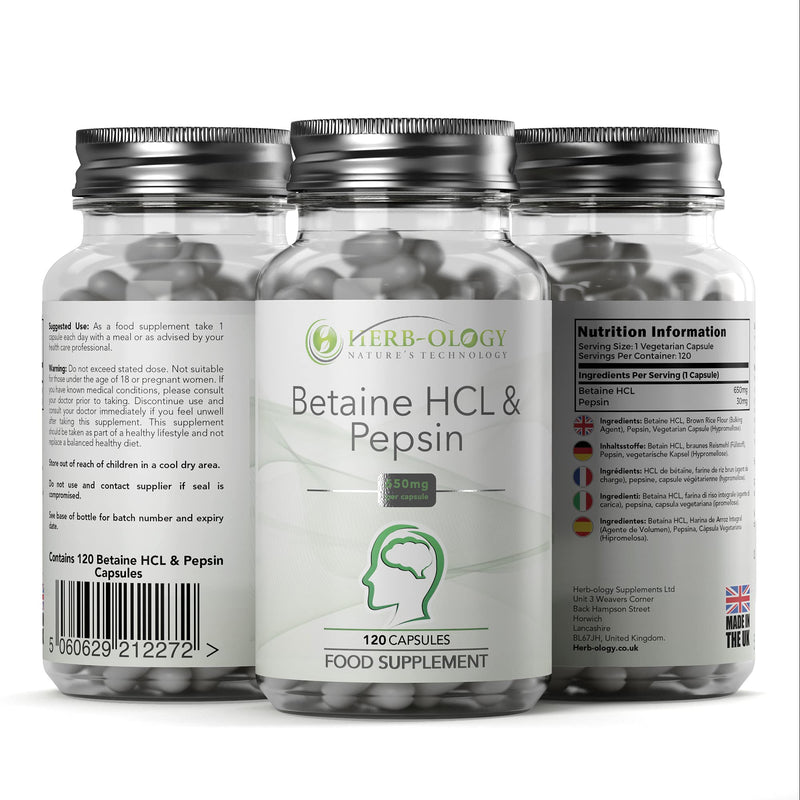 Herb-Ology Betaine HCL & Pepsin Capsules | 120 Betaine Hydrochloride Supplements, 650mg per Capsule | Clean Fillers & Manufactured in The UK - BeesActive Australia