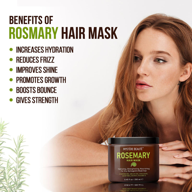 MYSTÉRE BEAUTÉ Rosemary Hair Mask for Dry Damaged Hair with Collagen, Biotin, Argan Oil- Strengthening Hair Masque for Split Ends, Hair Loss and Breakage- 8.45 fl oz - BeesActive Australia