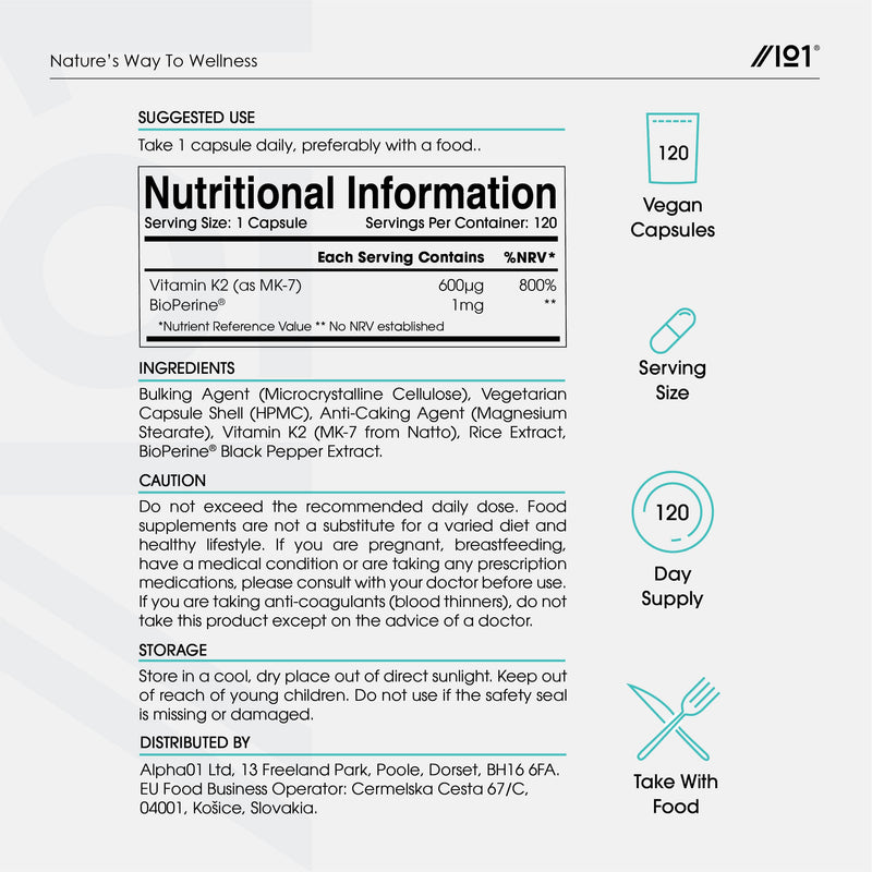 Vitamin K2 MK-7 600mcg - Fermented Natto Based Vegan Vitamin K - Supports Bone Health - Non-GMO, Halal - 120 Vegan Capsules - BeesActive Australia