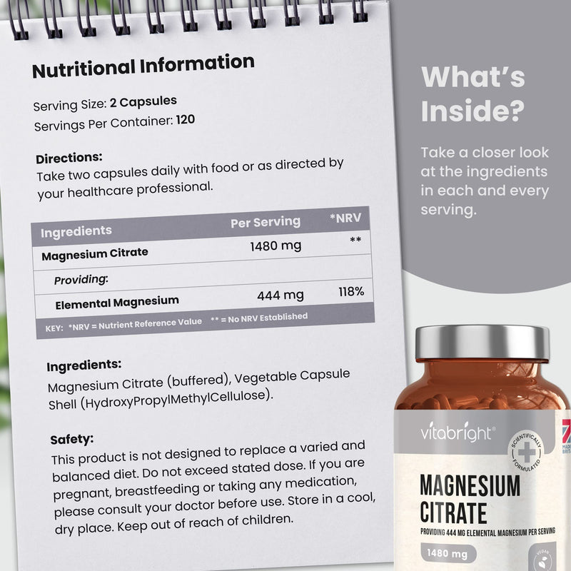 Magnesium Citrate - 1480mg High Strength - 240 Capsules (4 Month Supply) - Vegan Premium Magnesium Capsules - Providing 444mg Elemental Magnesium Supplement - Made in UK by VitaBright - BeesActive Australia