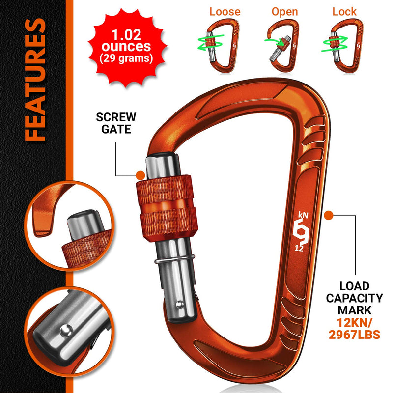 RHINO Produxs 2PCS of 12kN (2697 lbs) Heavy Duty Lightweight Locking Carabiner or Auto Locking Carabiner Clips, for Securing Pets, Outdoor, Camping, Hiking, Hammock, Dog Leash Harness, Keychains, Gym Locking Full Orange - BeesActive Australia