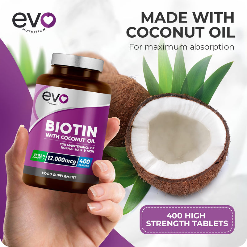 Biotin Hair Growth Supplement 12,000mcg with Coconut Oil | 400 High Strength Biotin Tablets for Hair - 13 Month Supply | Vitamin B7 | Supports Normal Skin & Hair Growth | Made in UK by EVO Nutrition - BeesActive Australia