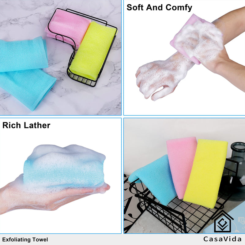 Exfoliating Washcloth Japanese Beauty Washcloth - African Net Sponge Nylon Bath Korean Loofah Towel Puff Large Wash Cloth Body Scrub Washcloths Shower Towel Back Scrubber For Shower 3 Pack by CasaVida Blue + Yellow + Pink - BeesActive Australia