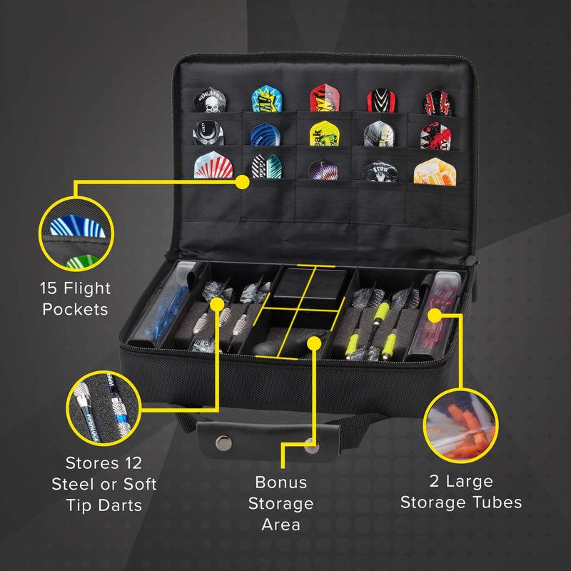 [AUSTRALIA] - Casemaster by GLD Products Classic Nylon Dart Carrying Case for Steel and Soft Tip Darts, Holds 12 Darts Numerous Other Accessories via Generous Storage Pockets, Tubes and Boxes, Black 