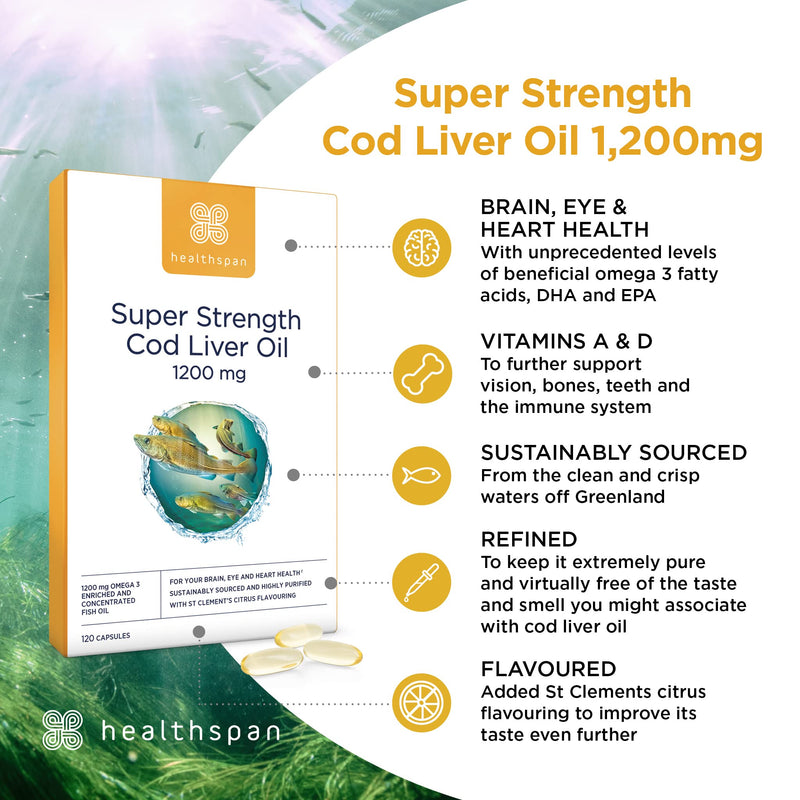 Healthspan Super Strength Cod Liver Oil 1,200mg (120 Capsules) | Supports Heart, Brain & Eye Health | Added Vitamin A, D3 and Calcium | Rich in Omega-3 Fatty Acids DHA & EPA | Sustainably Sourced - BeesActive Australia