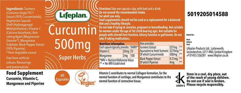 Lifeplan Super Herbs Curcumin 500mg (60 Capsules) � with Vitamin C and Manganese and Piperine � 60-Day Supply - BeesActive Australia