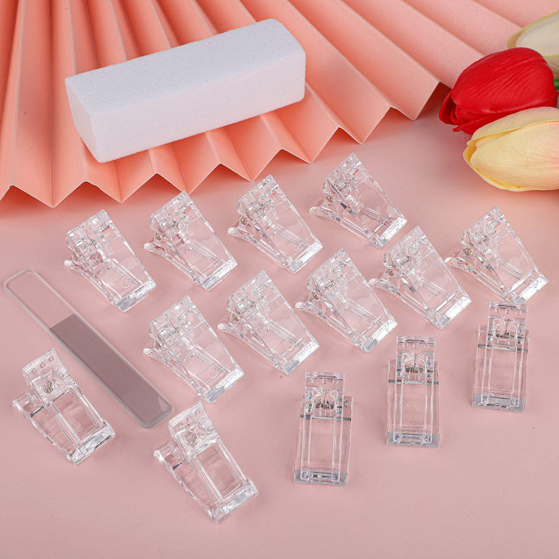 Elcoho 15 Pack Nail Tips Clip with Glass Nail File and Nail Brush, Poly Gel Quick Building Nail Tips Clip Finger Extension Clip Nail Tips Clip, DIY Manicure Plastic Nail Art Tips Extension Kit - BeesActive Australia