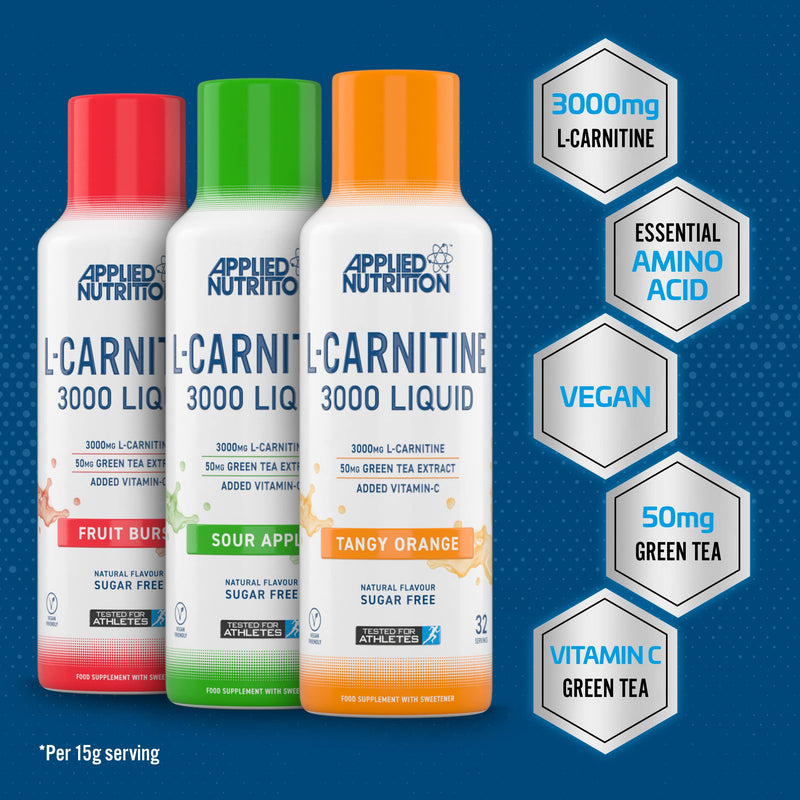Applied Nutrition L Carnitine 3000 Liquid - L-Carnitine with Green Tea & Vitamin C, Boosts Energy & Weight Management, Vegan (480ml - 32 Servings) (Sour Apple) Sour Apple - BeesActive Australia
