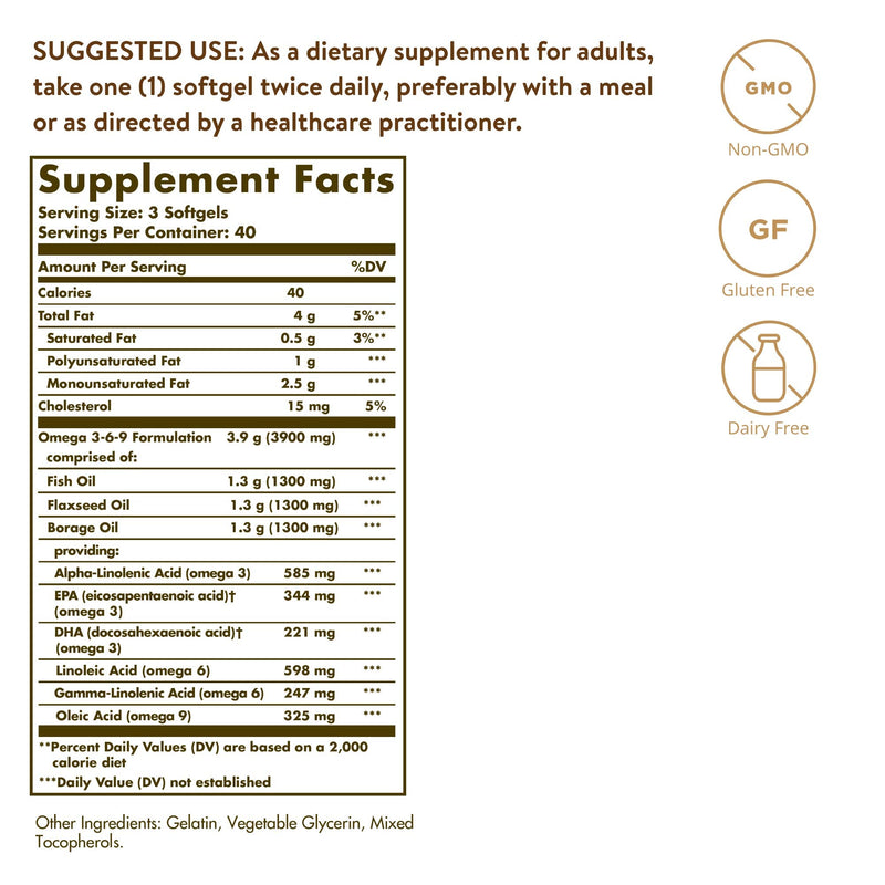Solgar Omega 3-6-9 Softgels - Pack of 120 - Blend of Premium Fish, Flax and Borage Oils � Specially formulated ratio - Molecularly distilled to remove mercury, PCBs and heavy metal contaminants - BeesActive Australia