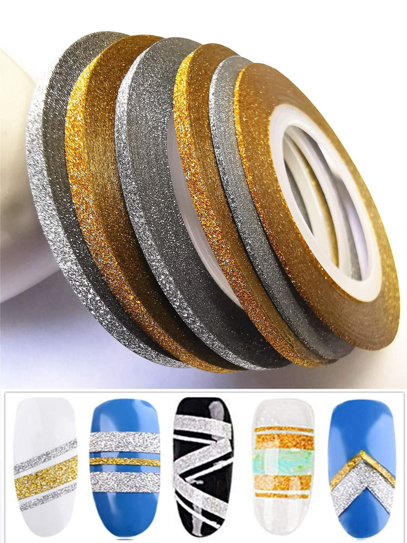 Valuu 6 Rolls Glitter Gold Silver Nail Art Stripping Tape Line Shiny Matte Nail Art Decoration Strips 1mm 2mm 3mm Adhesive Decals Strips DIY Nail Tip - BeesActive Australia