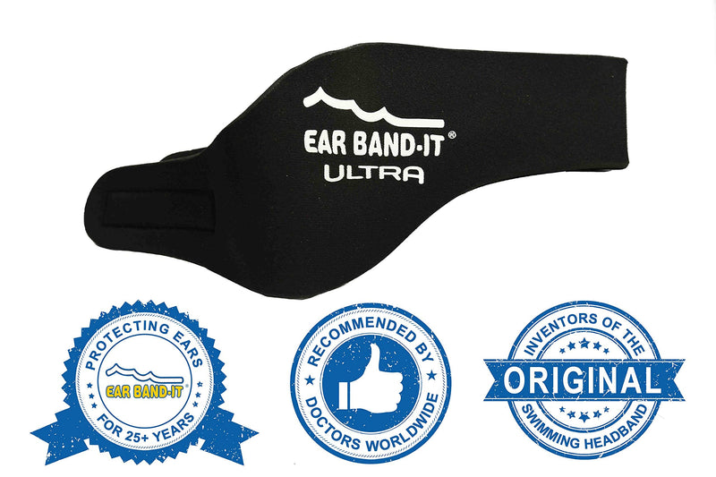EAR BAND-IT Ultra Swimming Headband - Best Swimmer's Headband - Keep Water Out, Hold Earplugs in - Doctor Recommended - Secure Ear Plugs - Invented by ENT Physician Large (ages 9yrs to adult) Black - BeesActive Australia