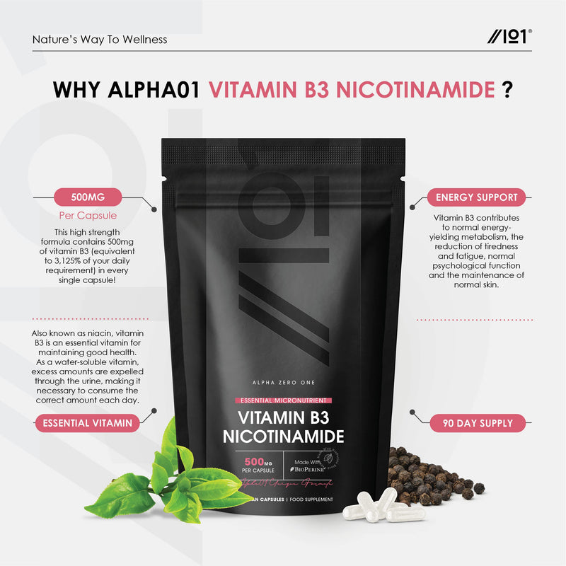Vegan Vitamin B3 500mg Capsules - 500mg Nicotinamide - 90 Vegan Caps - No Additives � Non-GMO, Gluten Free. (1 Pack) - BeesActive Australia