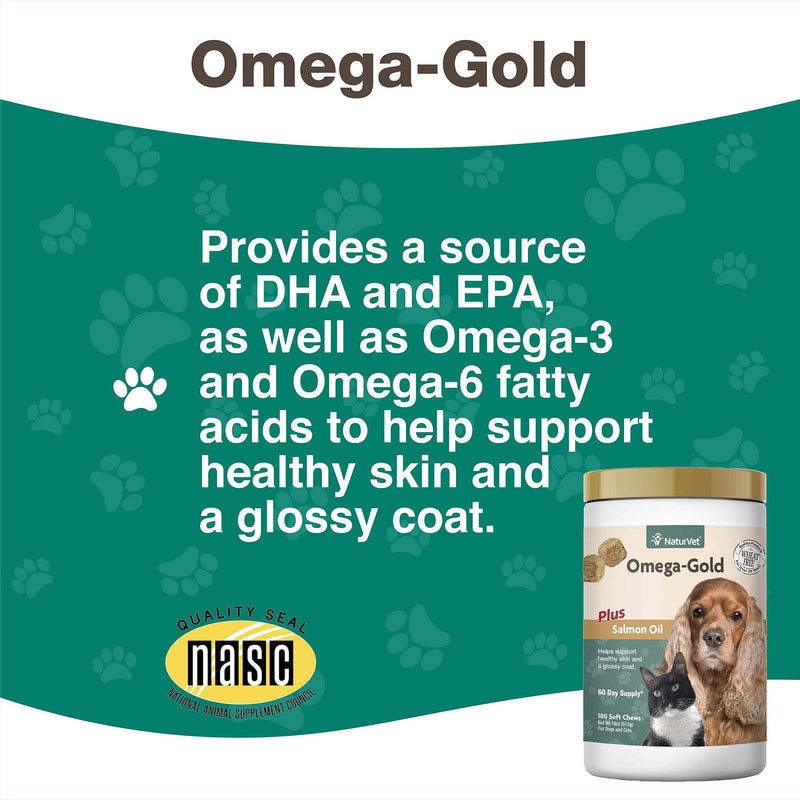 NaturVet Omega-Gold Plus Salmon Oil Skin and Coat Supplement for Dogs and Cats, Soft Chews, Made in the USA 180 Soft Chews - BeesActive Australia