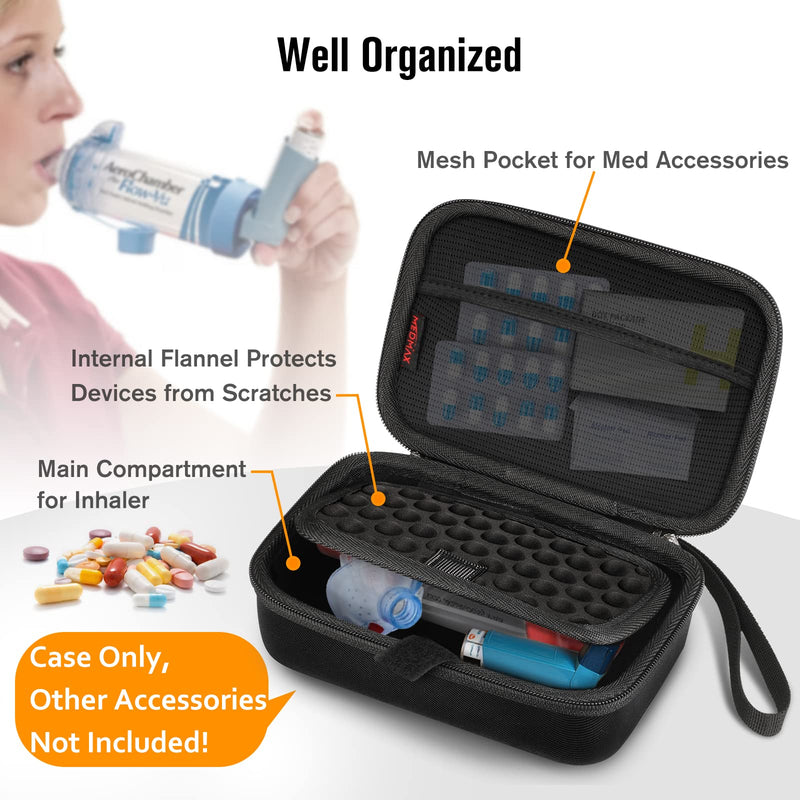 MEDMAX Hard Shell Case for Asthma Inhaler, Protective Portable Shockproof Anti-Scratch Medicine Travel Carrying Case with Clip and Handle Strap Compatible with Chamber Inhaler Spacer Masks, (Black) Black - BeesActive Australia