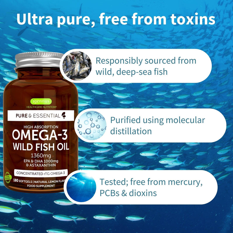 Omega-3 Wild Fish Oil & Astaxanthin, The Most Advanced High Absorption rTG Omega-3, EPA & DHA 1000mg, Ultra Pure; Free from Environmental Toxins, Lemon Flavour, 180 Softgels, by Igennus - BeesActive Australia