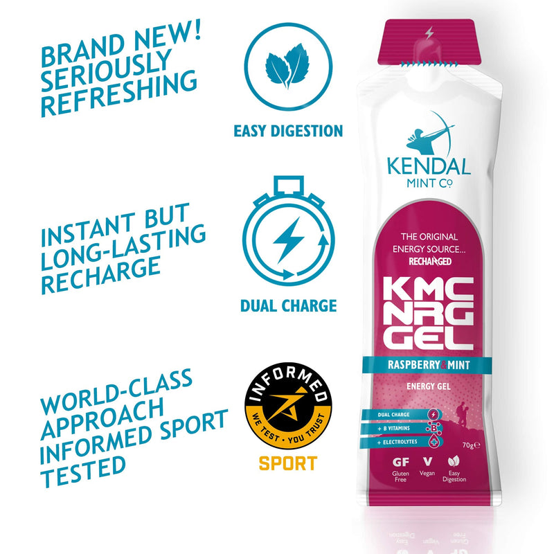 KMC NRG GEL: Refreshing Raspberry Mint Energy Gel | 27g Dual Carb | +Electrolytes | +B Vitamins | Informed Sport | Vegan | Gluten Free (6x70g) 6x70g - BeesActive Australia