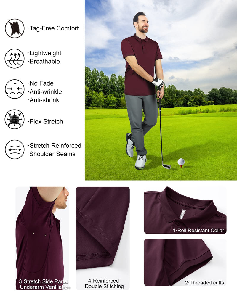 33,000ft Men's Golf Polo Shirts Short Sleeve Dry Fit Casual Workout Sports Athletic Tennis Performance Collared T-Shirt Deep Red Small - BeesActive Australia