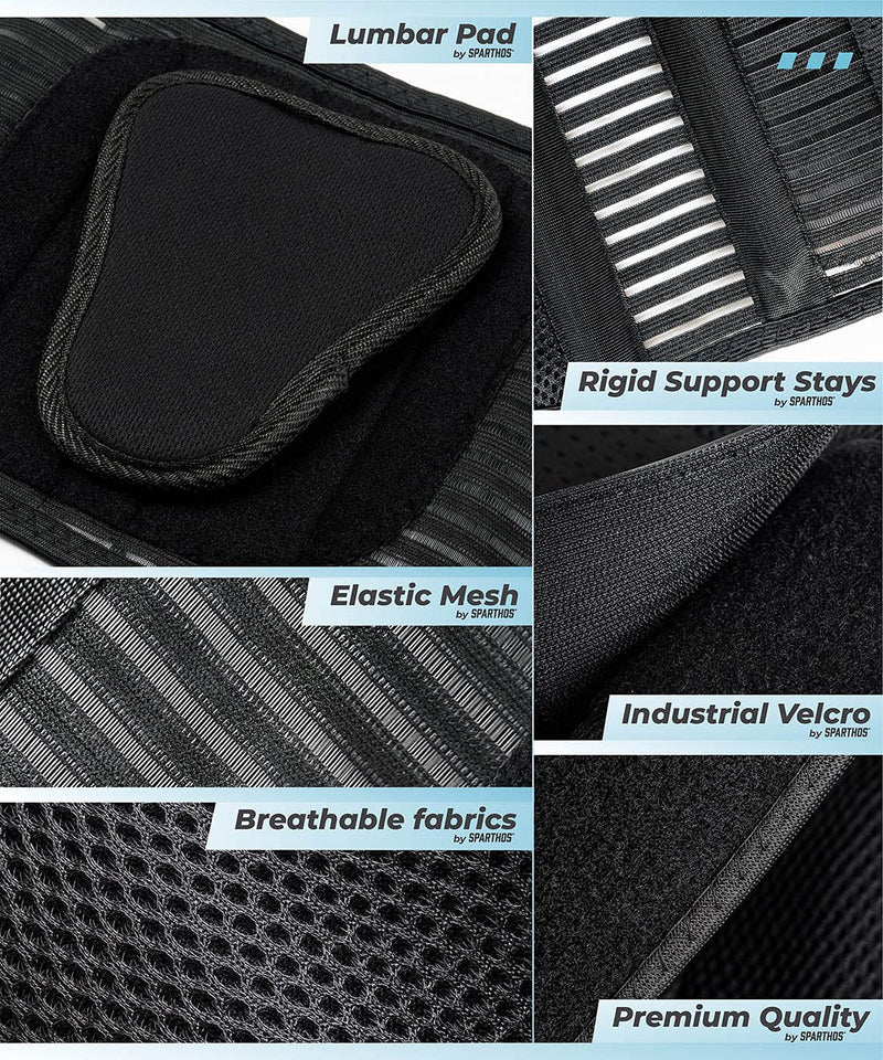 Sparthos Back Brace for Lower Back Pain - Immediate Relief from Sciatica, Herniated Disc, Scoliosis - Breathable Design With Lumbar Support Pad - For Home & Lifting At Work - For Men & Women - (Large) Large (Pack of 1) Black - BeesActive Australia