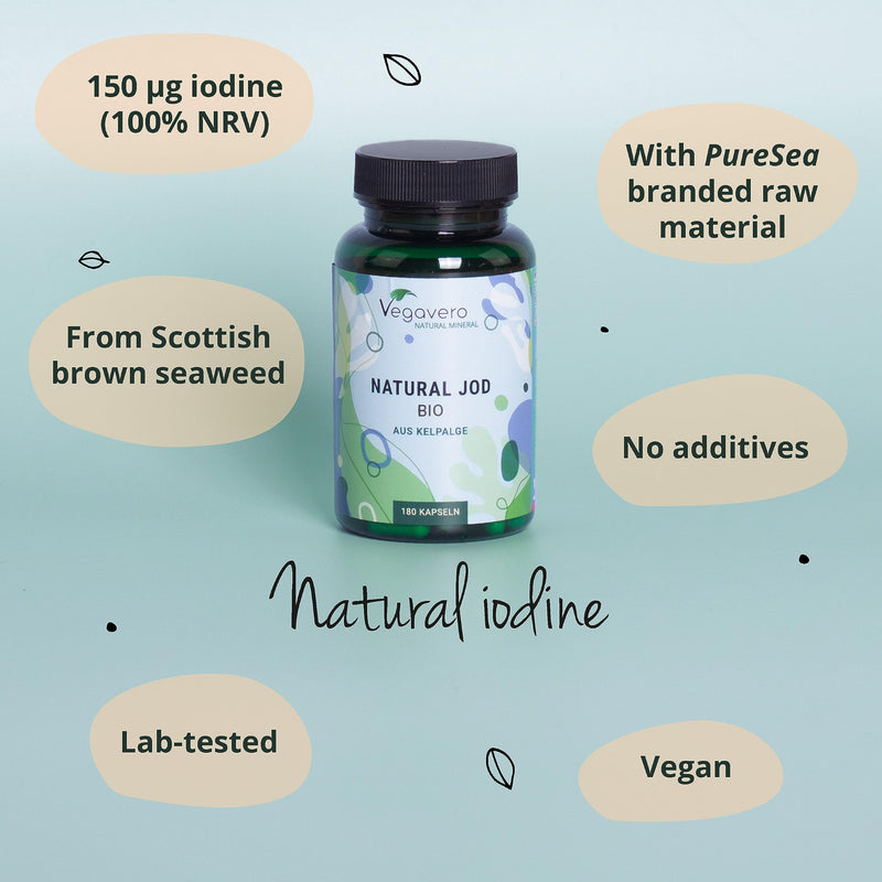 Organic Iodine Supplement Vegavero� | NO Additives | 100% Natural from Organic Scottish Sea Kelp | 150mcg Pure Iodine (PureSea�) | Sea Kelp Iodine Tablets | 180 Iodine Capsules | Vegan - BeesActive Australia