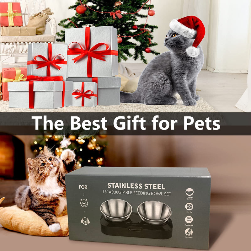 PewinGo Cat Bowl with Stainless Steel, Non-Slip Silicone Mat Cat Feeder with 0 &15° Tilting Neck Protective Bowl for Pets, Cats and Puppies Food and Water Feeding Double Bowl - BeesActive Australia