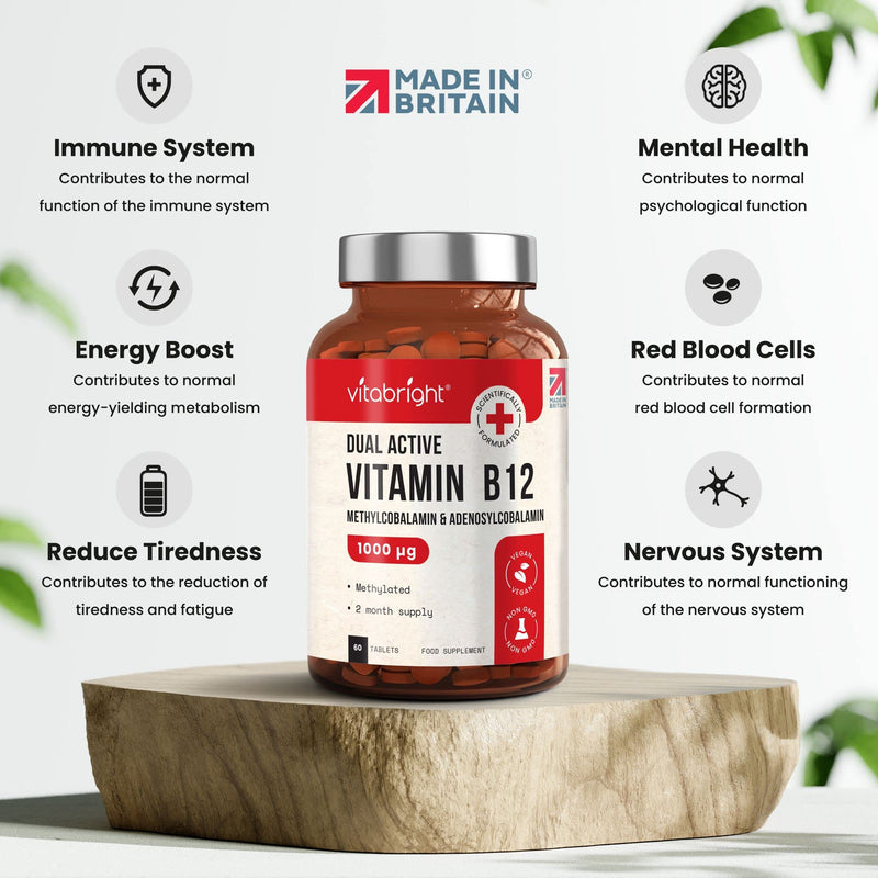 Vitamin B12 Tablets - 1000mcg High Strength - Dual Active Methylcobalamin and Adenosylcobalamin - 60 Tablets (2 Month Supply) - for Immune System, Brain and Energy - Vegan - Made in UK by VitaBright 60 Count (Pack of 1) - BeesActive Australia