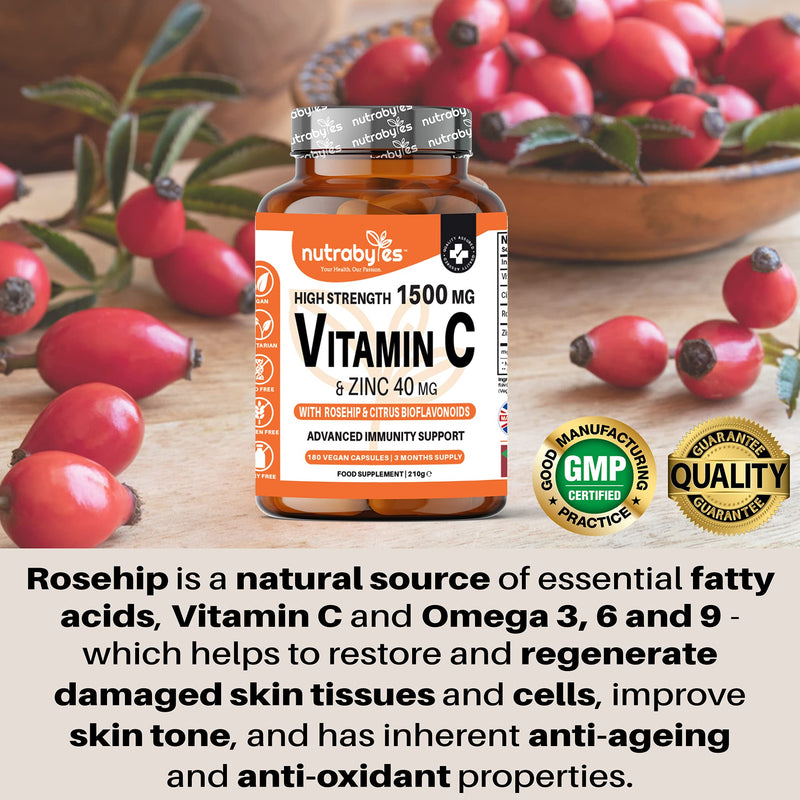 High Strength Vitamin C and Zinc Capsules | Vitamin C 1500mg and Zinc 40mg | Enhanced with Rosehip and Citrus Bioflavonoids | for Maintenance of Normal Immune System | 180 Vegan Capsules | Made in UK 180 Count (Pack of 1) - BeesActive Australia