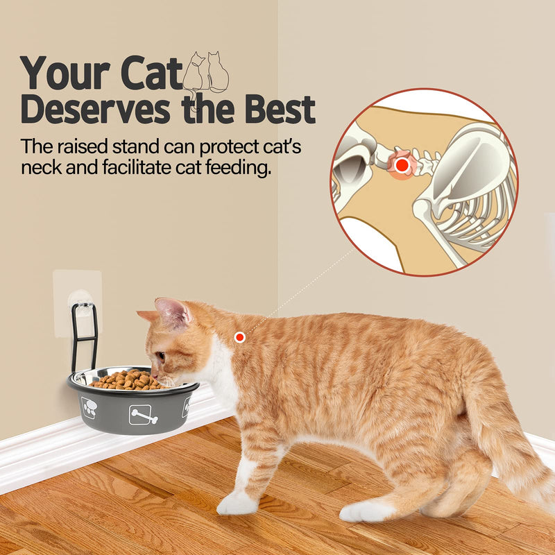 Torlam Elevated Cat Bowls, Wall Mounted Cat Food Dish, Raised Cat Food and Water Bowls, Stainless Steel Elevated Pet Bowls with Stand, Nonslip No Spill Pet Feeding Bowls (2 Packs) Grey - BeesActive Australia
