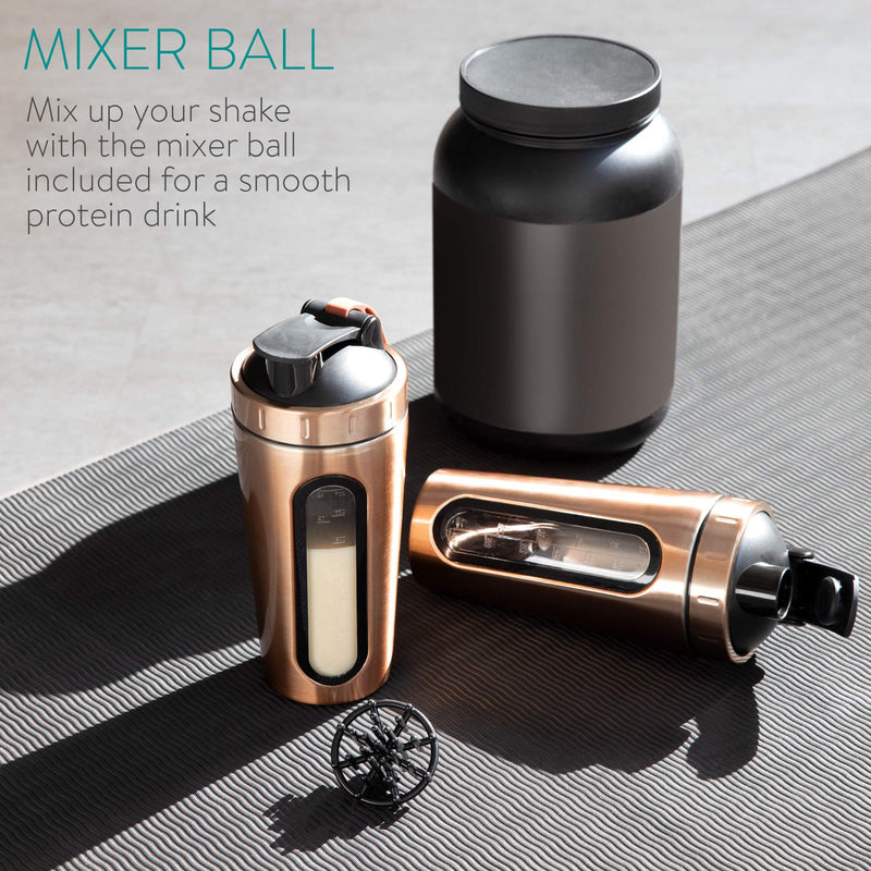 Navaris Stainless Steel Protein Shaker - 750ml Metal Nutrition Protein Fuel Drink Bottle with Mixer Blend Ball - 0.75 Litre Protein Shaker - Copper 750 ml (Pack of 1) Metallic Copper - BeesActive Australia