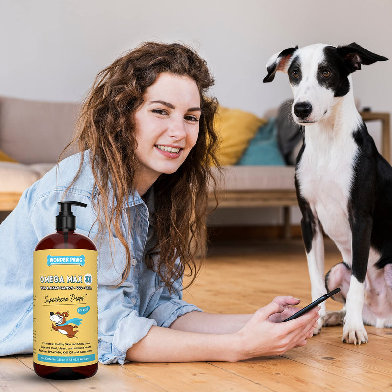 Wonder Paws Fish Oil For Dogs - Omega 3 For Dogs From Alaskan Salmon, Cod & Krill Oil - EPA DHA Fatty Acids - Less Shedding & Itching - Skin, Joint, Immune & Heart Health - 16 oz Pet Liquid Supplement - BeesActive Australia