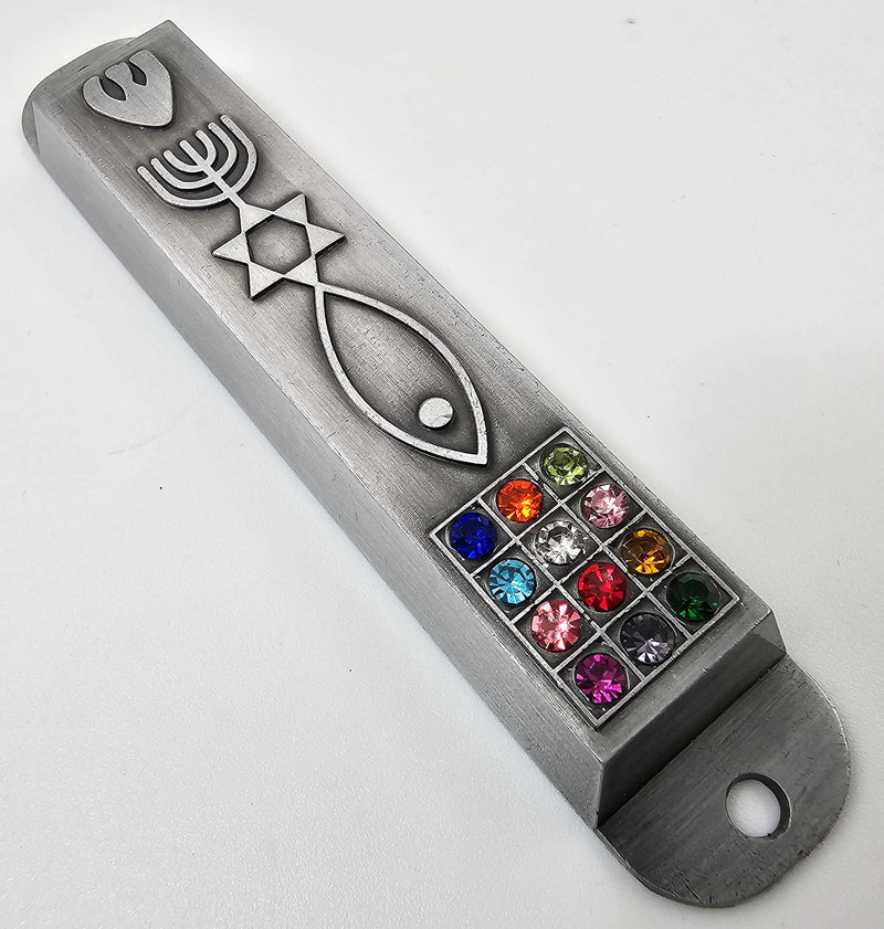 Pewter Messianic Mezuzah Case with Scroll for Door 3D Menorah Star Messianic Seal 12 Tribes of Israel 4 Inch - BeesActive Australia