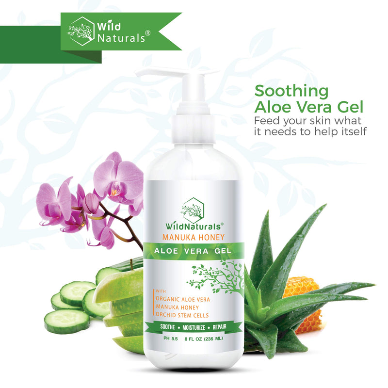 Wild Naturals Organic Aloe Vera - 100% Pure Leaf Gel - Hydrating After Sun Care, Moisturizing for Face, Body, Skin & Hair - Sun Burn, Acne, and Dry Damaged Skin - With Manuka Honey & Plant Stem Cells - BeesActive Australia