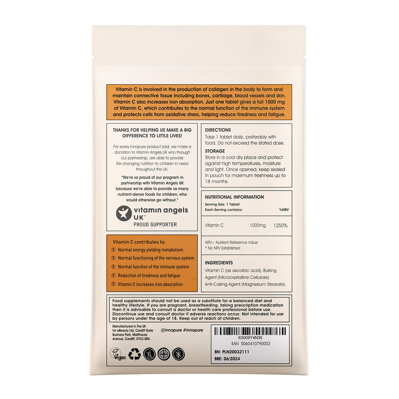 Innopure Vitamin C 1000mg Tablets - Vegan, Vegetarian Society Approved - UK Manufactured - 3 Month Supply - BeesActive Australia