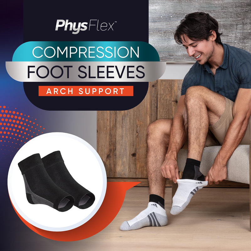 PhysFlex Compression Socks for Plantar Fasciitis, Achilles Tendonitis Relief - Ankle Compression Sleeve for Heel Spurs, Foot Swelling, Fatigue & Sprain - Arch Support Brace for Work, Gym, Sports Medium Black - BeesActive Australia