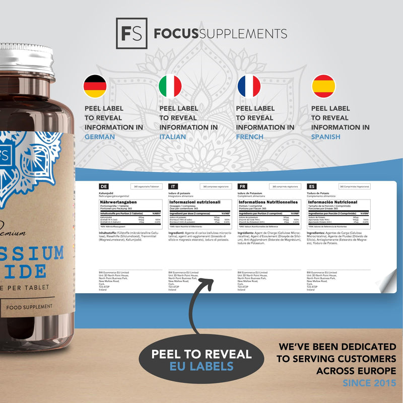 FS Potassium Iodide Supplement | 365 High Strength Potassium Tablets - 150mcg of Potassium Iodide per Serving | Iodine Supplement | Non-GMO, Gluten, Dairy & Allergen Free | Manufactured in The UK - BeesActive Australia