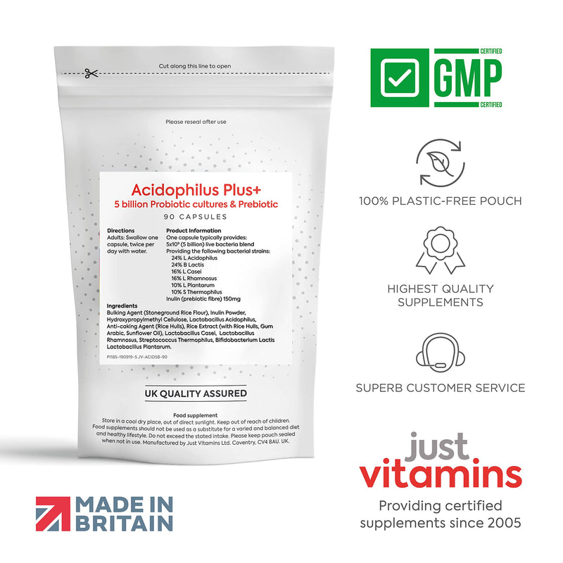 Acidophilus Plus+ Pre & Probiotic Bio Cultures Complex 90 Vegan Capsules, 5 Billion Non Dairy CFU, Multi Strain High Strength Lactobacillus Acidophilus Probiotic Supplement for Men & Women, UK Made - BeesActive Australia