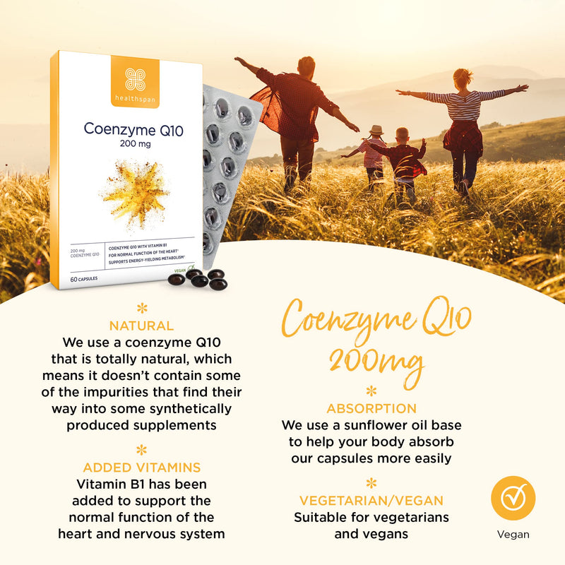 Healthspan Coenzyme Q10 200mg | 60 Capsules | Added Vitamin B1 | Heart Health & Energy Metabolism | Sunflower Oil Base | Vegan - BeesActive Australia