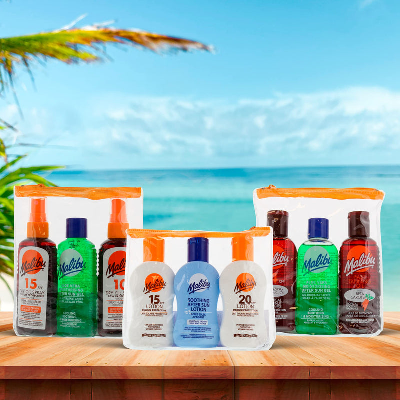 Malibu Sun Travel Essentials with Medium Suncream Protection and Soothing Aftersun Lotion, Water Resistant, SPF 15 and 20, Multipack, 3 x 100ml - BeesActive Australia