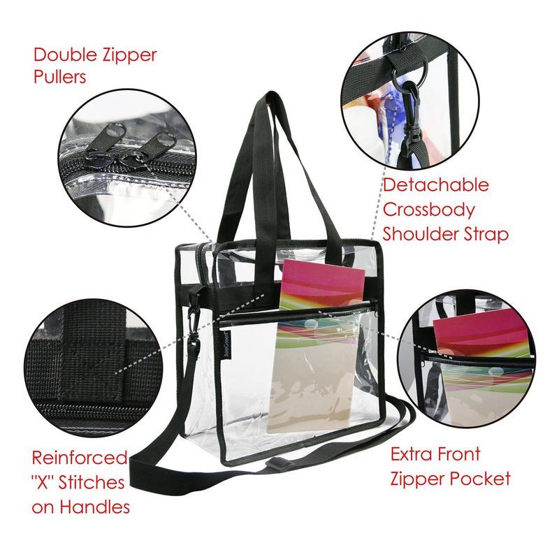 Stadium Clear Bags w Front Pocket and Shoulder Carry Handles,Stadium Events Security Approved Travel & Gym Vinyl Zippered Tote Bag Black - BeesActive Australia
