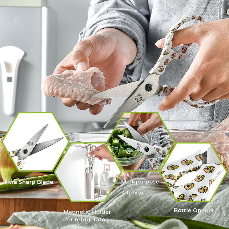 Linoroso Kitchen Scissors Heavy Duty Kitchen Shears with Magnetic Holder Made with Japanese Steel 4034, Multipurpose Ultra Sharp Cooking Scissors for Meat/Vegetables/BBQ/Herbs/Pizza (Graphic,Chick) White/Chick - BeesActive Australia