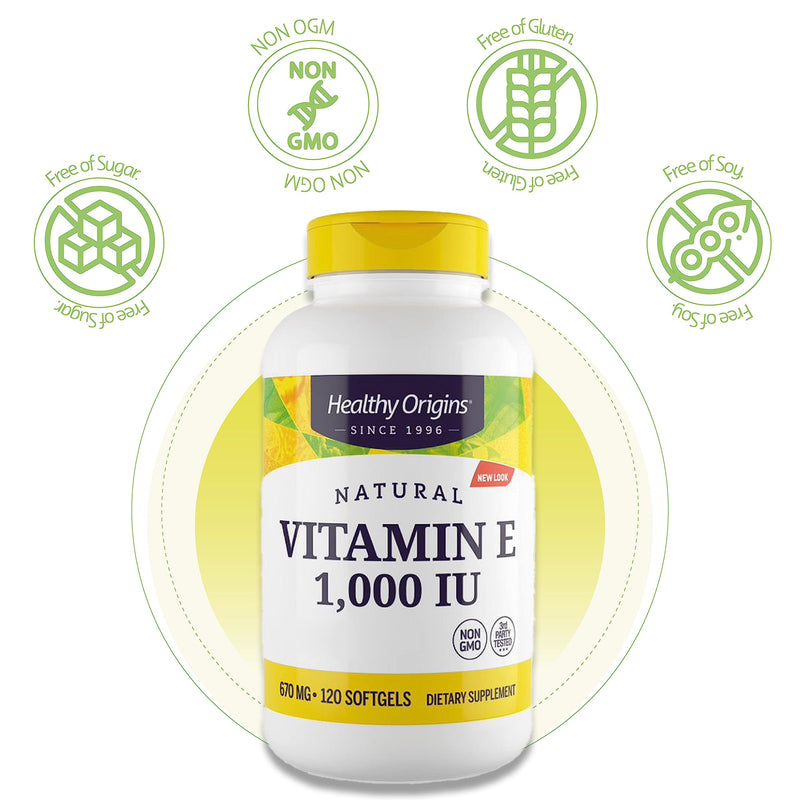 Healthy Origins, Natural Vitamin E, 1,000IU, 120 Softgels, Lab Tested, Gluten Free, Non-GMO - BeesActive Australia