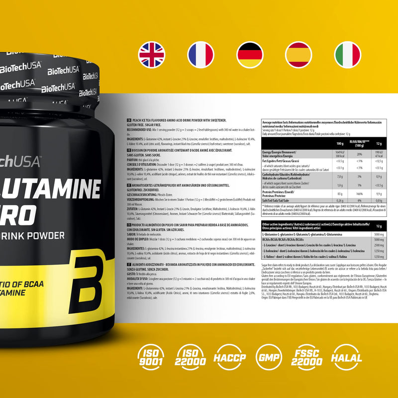 BioTechUSA BCAA + Glutamine Zero, Flavoured Drink Powder with BCAA and L-glutamine Content with sweeteners, 480 g, Peach ice Tea - BeesActive Australia