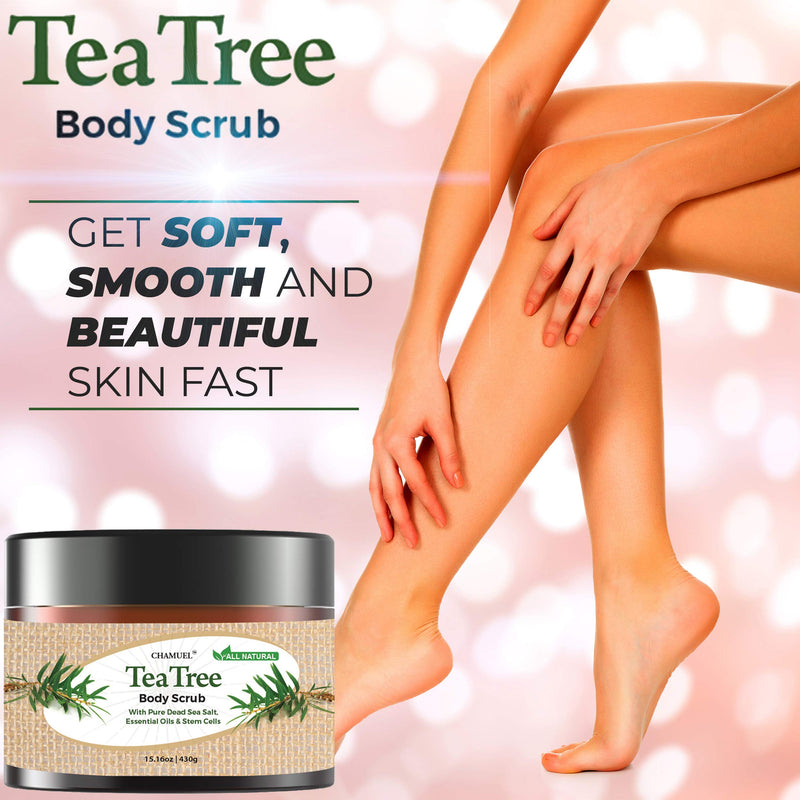 Chamuel Tea Tree Body & Foot Scrub - 100% Natural Exfoliating Body Scrub with Dead Sea Salt, Plant-based Stem Cells, Ginger & Essential Oils– Rejuvenates & Soothes Dead & Dry Skin (15.1oz) - BeesActive Australia