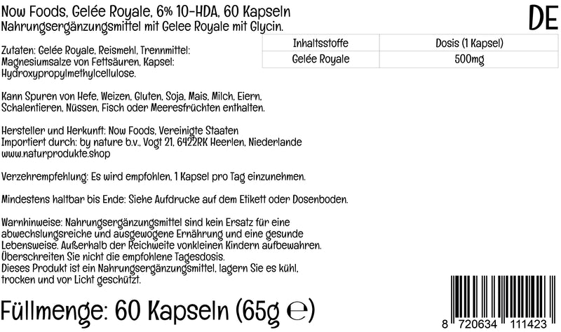 Now Foods, Royal Jelly, 500mg, Standardised to 6% 10-HDA, High Dose, 60 Capsules, Lab-Tested, Gluten Free, SOYA Free, Non GMO - BeesActive Australia