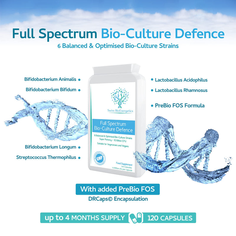 Full Spectrum Bio-Culture Defence - 120 Capsules - High Strength 10 Billion Live CFU Multi-Strain Bio-Cultures + FOS Formula - Latest DRCaps� Encapsulation to Protect from gastric acids - BeesActive Australia