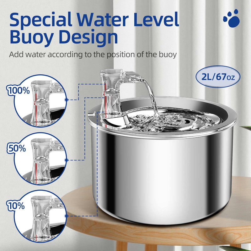 Homtyler Cat Water Fountain, Stainless Steel Pet Water Fountain for Cats Inside Ultra-Quiet Pump, 2L/67oz Automatic Dog Dispenser Water Bowl, Multiple Pets Water Fountain Sliver - BeesActive Australia