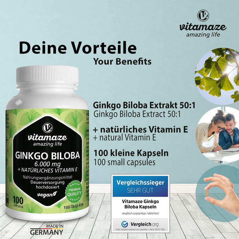 Ginkgo Biloba Capsules 6000mg with Acai, L-Carnitine and Vitamin E - 100 Days Supply - Booster for Learning and Memory - Gingko Biloba Extract 50:1 - Supplement Without Additives Ginkgo Biloba Complex - BeesActive Australia