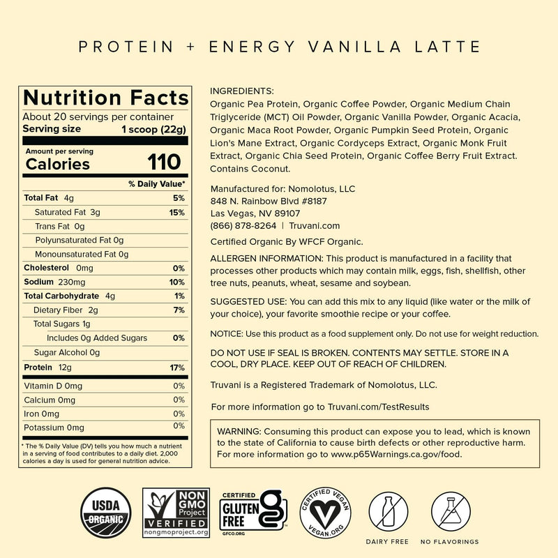 Truvani Protein + Energy Drink Mix with Caffeine & Adaptogens | USDA Certified Organic, Vegan, Non-GMO, & Gluten Free | Vanilla Latte (20 Servings) 20 Servings (Pack of 1) - BeesActive Australia