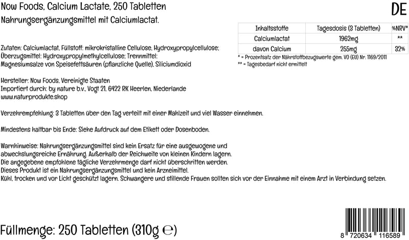Now Foods, Calcium Lactate, High Dose, 250 Tablets, Lab-Tested, Gluten Free, Vegetarian, SOYA Free, Non-GMO - BeesActive Australia