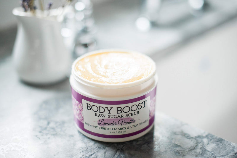 Body Boost Lavender Vanilla Raw Sugar Scrub 8 oz- Treat Dry Skin Stretch Marks and Scars- Pregnancy and Nursing Safe- Allergen Free- Vegan - BeesActive Australia