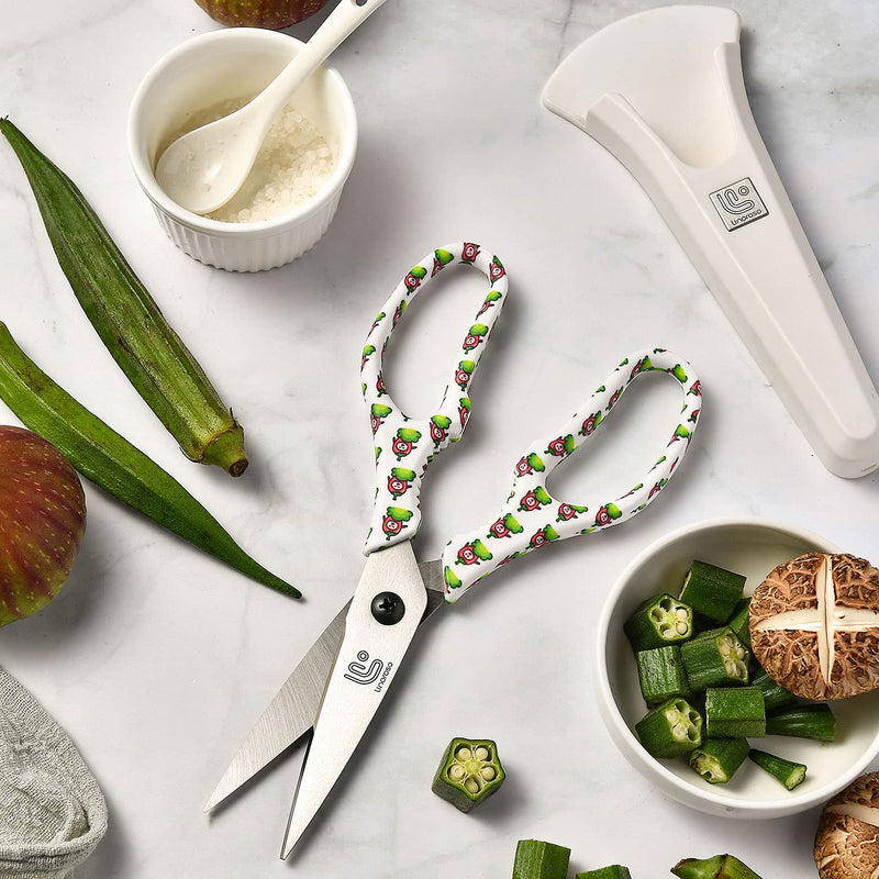 Linoroso Kitchen Scissors Heavy Duty Kitchen Shears with Magnetic Holder Made with Japanese Steel 4034, Multipurpose Ultra Sharp Cooking Scissors for Meat/Vegetables/BBQ/Herbs/Pizza (Graphic,Chili) White/Chili - BeesActive Australia